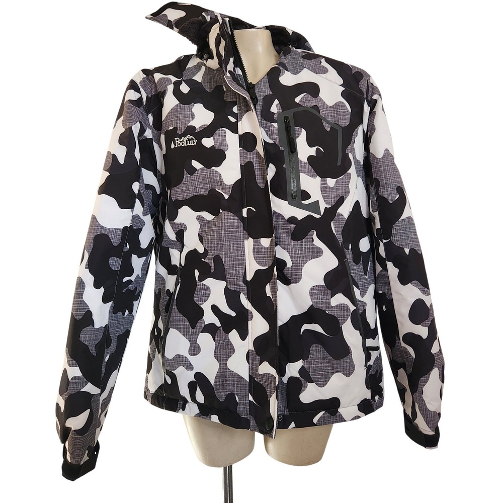 Pooluly Mens Camo Ski Jacket Black‎  Hooded fleece Winter Snowboard Coat L ski
